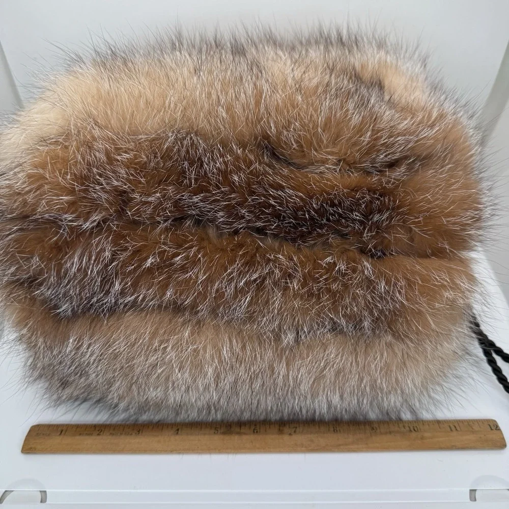 Fur Womens Hand Muff Hand Warmer Braided Wrist Strap Inside Zippered Pocket